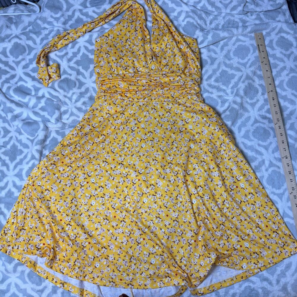 HuHot Women's L Yellow Floral Halter Sundress Fit & Flare Summer Boho